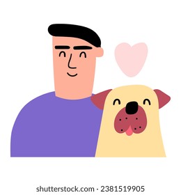 Propietario con su perro. Amistad. Diseño plano. Ilustración del vector sobre fondo blanco 