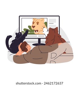 Owner and his pets watching TV together. Cute cat plays with display. Fluffy dog, siberian husky howls at funny video. Happy man relax with domestic animals. Flat isolated vector illustration on white