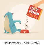  Owner hold carton box with food and feeding his brazen cat character. Vector flat cartoon illustration