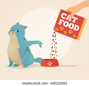  Owner Hold Carton Box With Food And Feeding His Brazen Cat Character. Vector Flat Cartoon Illustration