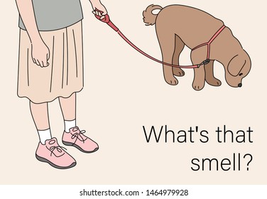 The owner is holding a dog's leash strap and the brown puppy is smelling the floor. hand drawn style vector design illustrations. 