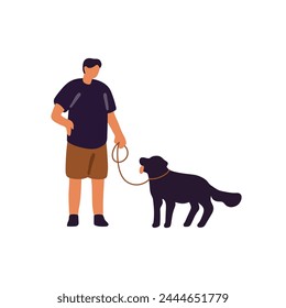 Owner holds leash in hand, leads puppy. Man walks his fluffy doggy. Pet sitter strolls dog. People spend time with domestic animal outdoor. Flat isolated vector illustration on white background