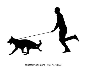 Owner keeps the dog on the leash. German Shepherd running, champion dog vector silhouette illustration. Dog show exhibition. Finder detect explosives and drugs. Rescue activity dog for finding survive