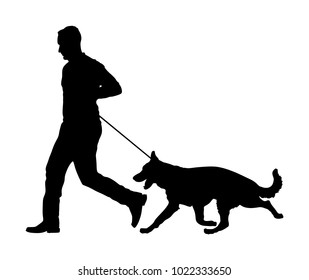 Owner keeps the dog on the leash. German Shepherd running, champion dog vector silhouette illustration. Dog show exhibition. Finder detect explosives and drugs. Rescue activity dog for finding survive