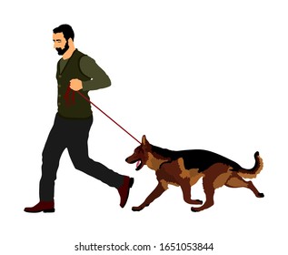 El propietario mantiene al perro con la correa. Pastor alemán corriendo, ilustración campeón del vector. Exposición de espectáculos de perros. El buscador detecta explosivos y contrabando de drogas. Perro de actividades de rescate para encontrar sobrevivencia.