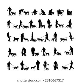 Owner keeps dog on leash vector silhouette illustration isolated. Dog show exhibition. Finder detect explosives drugs. Rescue dog finding survive. Pet friendly Shepard, Doberman, Poodle, terrier shape svg