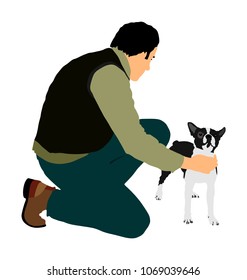 Owner keeps the dog on the stage. Boston Terrier champion vector illustration isolated. Dog show exhibition. 