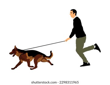 Owner keeps running German Shepherd dog on the leash vector illustration isolated. Champion canine show exhibition. Finder detect explosive, smuggling drug. Rescue activity dog finding survive.