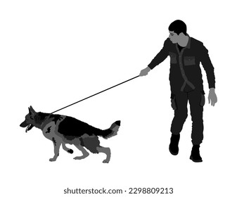 Owner keeps running German Shepherd dog on the leash vector illustration isolated. Champion canine show exhibition. Finder detect explosive, smuggling drug. Rescue activity dog finding survive.