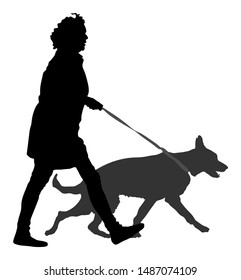 Owner lady and dog walking in the city. Woman walking with dog German shepherd vector silhouette illustration isolated on white background. outdoor activity with lovely path. Urban scene in city park.