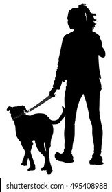 Owner lady and dog walking vector silhouette. Woman with dog on leash illustration isolated on white background. After work recreation and health care activity with pet.