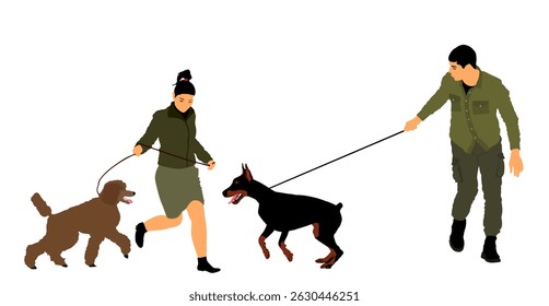 Dama proprietária com poodle na coleira brinque divertido com o homem com doberman ilustração vetorial cão isolado. Garota com animais correndo. Atividade de parques ao ar livre para animais e pessoas.  Casal no amor menino e menina desfrutar.