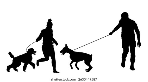Dama proprietária com poodle na coleira brinque divertido com o homem com doberman cão vetor silhueta isolado. Garota com forma de corrida de estimação. Atividade de parques ao ar livre para animais e pessoas.  Casal no amor menino e menina desfrutar.