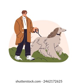 Owner leads his furry pet, Afghan hound on leash outdoors. Man in coat walks longhair sighthound in park. Person strolls purebred borzoi dog. Flat isolated vector illustration on white background