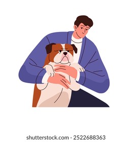 Owner loves his cute dog, holds in hands. Happy young man hugs bulldog. Boy cuddles amusing puppy. Person embraces adorable pet, domestic animal. Flat isolated vector illustration on white background