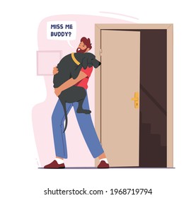 Owner Male Character Holding Dog on Hands Meet after Work at Home. Happy Man Hugging Pet Having Leisure, Spend Time with Domestic Animal. Friendship Lifestyle Relation. Cartoon Vector Illustration