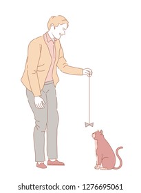 Owner male playing with playful animal with fur vector guy spending time with pet feline kitten with fur sitting calmly gaming with human man caring furry kitty character in good mood cheerful people.
