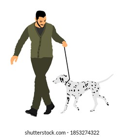 Owner Man Keeps Dalmatian Dog On The Leash. Boy Running Champion Dog On Stage Vector Isolated. Dog Show Exhibition. Relax Time After Work With Pet. Best Friend. Alert, Guard Attention. Kids Lover.