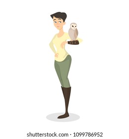 Owner with pet on white background. Woman with owl.