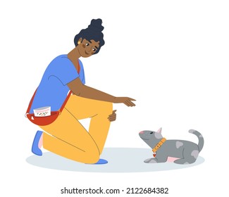 The owner of a pet trains her puppy. The trainer trains the dog in special courses. Lie down command. Flat vector illustration. EPS10