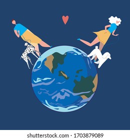 The owner and pet walk on planet earth as a concept of dog breeding in the world. Flat vector stock illustration with big people and dogs and a small globe on a blue background as a card