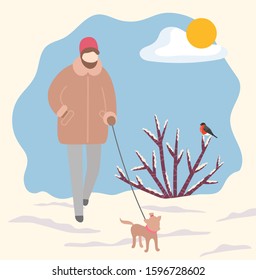 Owner of pet walking dog on leash in wintry cold park. Female character strolling with puppy in winter forest with bushes covered with snow and bullfinch sitting on branches. Vector in flat style