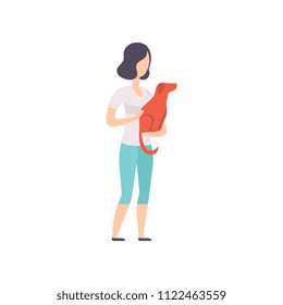 Owner presenting her dog at at show exhibition, young woman holding her dog in her arms vector Illustration on a white background
