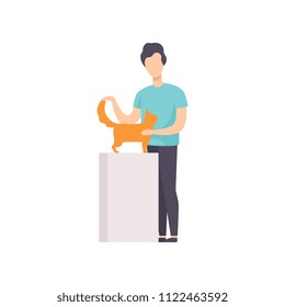 Owner presenting his red cat to jury at cat breeds show vector Illustration on a white background