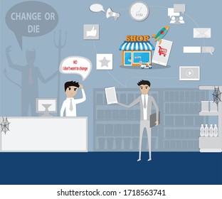 The owner refused to transform his shop to online business and the devil shadow behide - vector illustration
Vector;Online Technology;Business;Disruption technology;Big data;