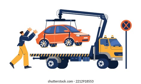 Owner runs after a tow truck that tows the car for wrong parking, flat cartoon vector illustration isolated on white background. Work of tow truck on city road.
