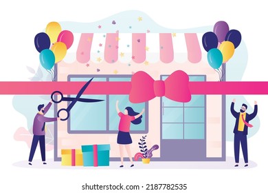 Owner with scissor cuts ribbon at opening of store. Customers and employees rejoice at opening of new branch. Businessman launching business. People celebrating start of boutique. Vector illustration