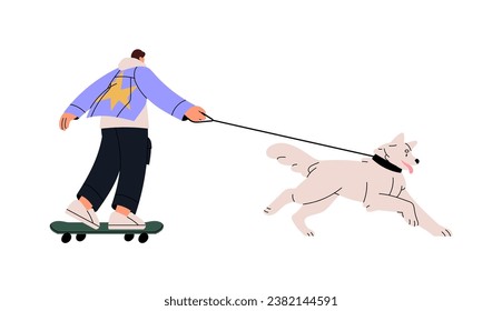 Owner skate on skateboard with big fluffy dog, pup. People walk puppy, stroll playful doggy on leash. Active lifestyle. Street activity together with pet. Flat isolated vector illustration on white