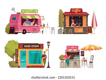 Owner Of Small Business 2x2 Design Concept Set Of Suop To Go Coffee Book Store Ice Cream Compositions Flat Vector Illustration