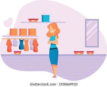 Owner Small Business Concept. Clothes Store, Modern Flat Illustration. Manager Interior Of A Clothing Store.