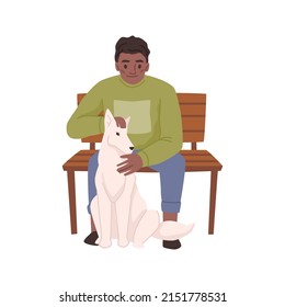 Owner spending time outdoors with pet, isolated male personage sitting on bench touching dog. Vector flat cartoon character with dog, caring and walking canine animal outside in park