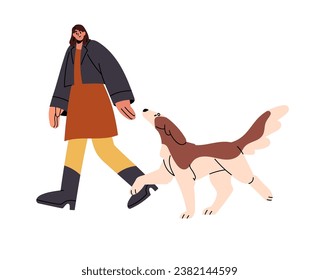 Owner stroll her fluffy dog outdoor. Woman walk, training, teach doggy to commands. Professional canine service, pet sitter job. Domestic animal. Flat isolated vector illustration on white background