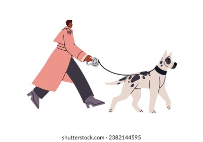 Owner strolls big German dog on leash on street. Woman in coat walk puppy of great dane breed. Pet friendly person, animal sitter go outdoors. Flat isolated vector illustration on white background