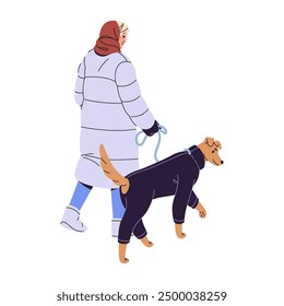 Owner strolls pet with leash in winter back view. Woman in outerwear walks with dog in warm clothes together. Girl leads doggy outdoor in wintertime. Flat isolated vector illustration on white