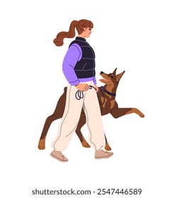 Owner teaches her Dobermann dog commands, exercises during walk. Trainer training obedience with Doberman Pinscher. Girl leads puppy on a leash. Flat isolated vector illustration on white background