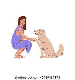 Owner teaches pup tricks, basic commands. Golden retriever gives, shakes paw to girl. Trainer plays with fluffy puppy. Dog training, exercises. Flat isolated vector illustration on white background