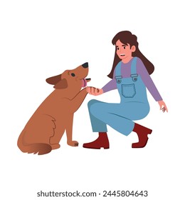 Owner teaches pup tricks, basic commands. Golden retriever gives, shakes paw to girl. Trainer plays with fluffy puppy. Dog training, exercises. Flat isolated vector illustration on white background