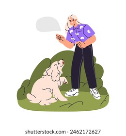 Owner teaching her happy dog a command in park. Girl training funny pet with treats in hand outdoors. Fluffy puppy, smart doggy giving a paw. Flat isolated vector illustration on white background