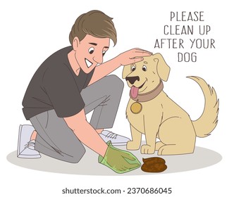 El dueño arroja la caca de su perro. Volante de motivación, pancarta. Ilustración vectorial.