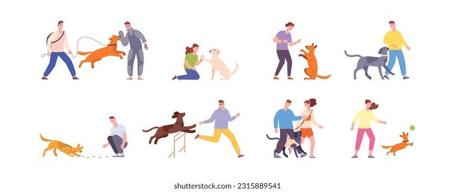 Owner training dog. People teaching dogs commands obedient, canine trainer train pet sport exercising outdoor park, practicas jump to hurdle barrier, splendid vector illustration of pets command