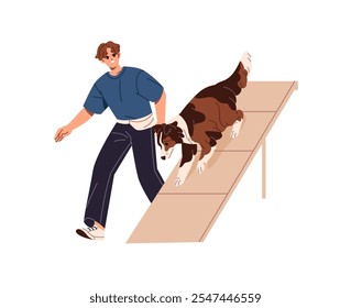 Owner training his Border Collie with agility equipment at dog playground zone. Trainer teaching commands with puppy on ramp during walk. Flat isolated vector illustration on white background