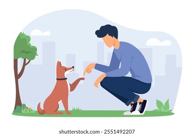 Owner training his funny dog. Man teaching dogs commands obedient. Leisure, Communicating with Home Animal in Park. Cartoon Vector Illustration.