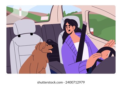 El propietario viaja juntos con mascota en coche. Perro feliz sentado dentro del auto en el asiento del pasajero. Viaje de conductores con cinturón de seguridad, mujer conduce automóviles, buscando cachorro. Viaje de vacaciones. Ilustración vectorial plana