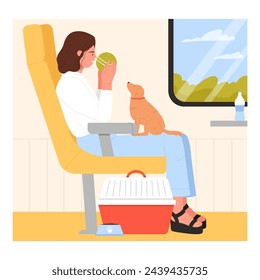 Owner travelling with pet. Pet friendly train, holiday together with pet cartoon vector illustration