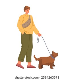 Owner walking pet, isolated male character strolling with dog. Vector companionship and friendship with animal, student resting on weekends, going outside. Stylish teenager with shoulder bag