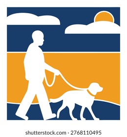 Owner walking pet outdoors. Sunset landscape with clouds and sun. Flat vector illustration of canine companionship.